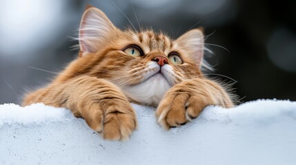 A fluffy orange cat gazes lazily over a snowy ledge, showcasing its bright green eyes and playful demeanor in a serene winter setting.