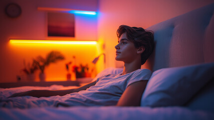 A teenage boy lies on a bed bathed in warm neon lighting, gazing at the ceiling. A scene of solitude, contemplation, and digital aesthetics.
