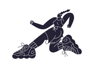 Shadow of sportswoman rushing to win, jogging. Black silhouette of jogger runs fast in marathon. Abstract runner training, reaching for success. Flat isolated vector illustration on white background