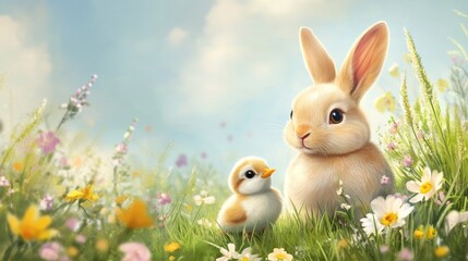 Charming illustration of a playful bunny and tiny chick in a vibrant spring meadow full of flowers