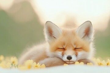 Adorable sleeping red fox resting among vibrant wildflowers in soft sunlight