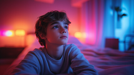 A teenage boy lies on a bed, gazing thoughtfully into the distance in a cozy room lit with pink and blue neon lights. Calm and dreamy atmosphere.