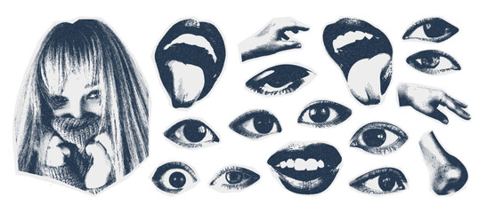 Elements Eyes, mouth, face, hand for a grunge collage with a photocopy effect. The torn paper effect of grain and dotted lines. Vector.