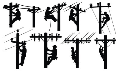 Silhouette of an Electrical Power Lineman Climbing an Electrical Powerline Pole with a white background.