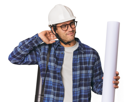 Young Hispanic architect with plans touching back of head, thinking and making a choice.