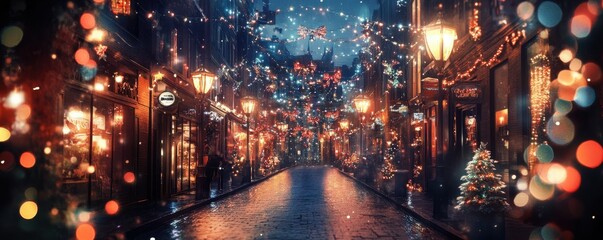 Obraz premium Festive christmas street with vibrant lights and decorations at night