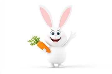 Obraz premium Cartoon rabbit holding a carrot, smiling and waving, on a plain background