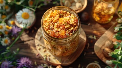 A glass jar of homemade granola with nuts, seeds, and dried fruit, bright natural light
