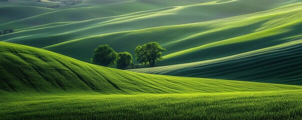 Vibrant green hills and trees under light in serene landscape