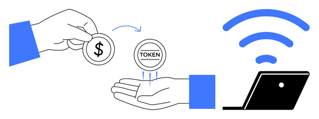 Hands exchanging a dollar coin and a token, with a laptop and wireless symbol. Ideal for cryptocurrency, digital transactions, e-commerce, online banking, blockchain, financial technology, remote