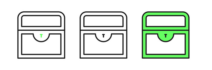 Set line Antique treasure chest icon isolated on white background. Vintage wooden chest with golden coin. Vector