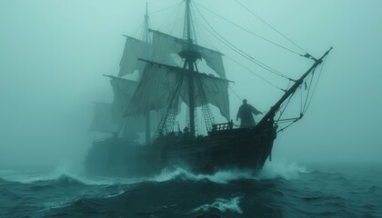 Fototapeta premium Mystic voyage, an old galleon sailing through a dense and eerie fog