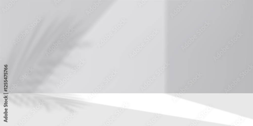Poster White Background with shadow, light from window on wall grey studio room for product present for Summer banner,Background abstract texture spring bright light, shadow leaves on floor