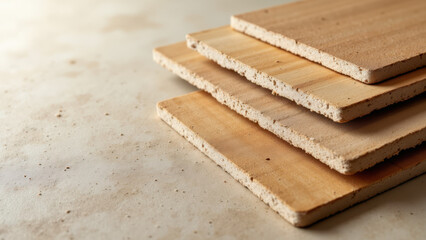 Stack of beige acoustic foam tiles against a grey background.
