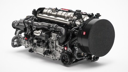 Powerful industrial engine, close-up view showing intricate details and components.