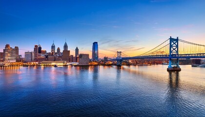 Fototapeta premium philadelphia skyline and ben franklin bridge at dusk us