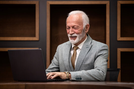 Senior director in business suit working in cozy comfortable luxury office.