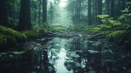 Obraz premium Misty forest path reflection, tranquil nature scene, background greenery, ideal for relaxation themes
