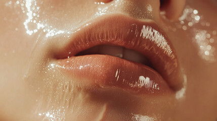 Fototapeta premium Close-up shot of glossy, wet lips with a sparkling finish and light reflections, showcasing a glossy lip care product or makeup, symbolizing beauty, hydration, and radiance.