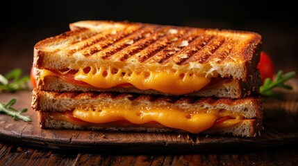 A gourmet grilled cheese sandwich with golden toasted bread and oozing melted cheese