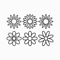 Set of Simple Black Line Art Flowers, icons, logos, vector illustration