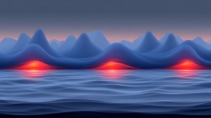 Abstract Landscape with Blue Mountains and Red Sunset