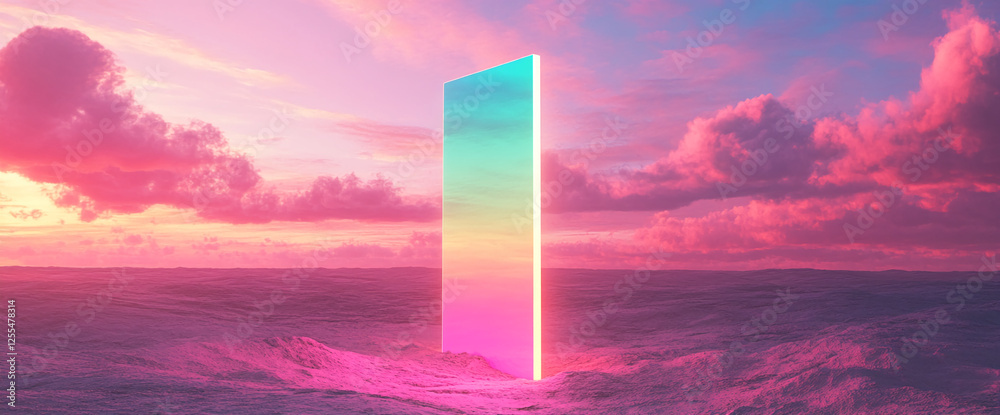 Poster futuristic glowing rectangular portal amidst a surreal landscape of waves, glowing in pink and cyan 