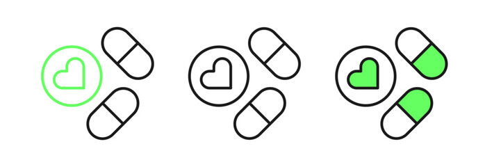 Set line Medicine pill or tablet icon isolated on white background. Capsule pill and drug sign. Pharmacy design. Vector