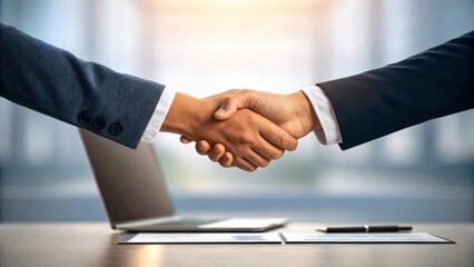 Two businessmen shaking hands over a signed contract, symbolizing a successful business deal or partnership.  The handshake is a symbol of trust, agreement, and collaboration.