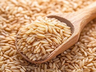 A wooden scoop of brown rice grains. Featuring the texture and natural color of the rice. Emphasizing whole grains and healthy eating. Ideal for health food blogs and organic product advertisements.