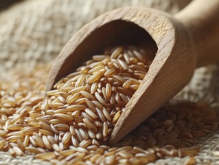 A wooden scoop of brown rice grains. Featuring the texture and natural color of the rice. Emphasizing whole grains and healthy eating. Ideal for health food blogs and organic product advertisements.