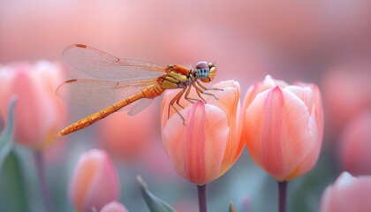 Vibrant dragonfly perched delicately on pink tulips in a serene garden setting