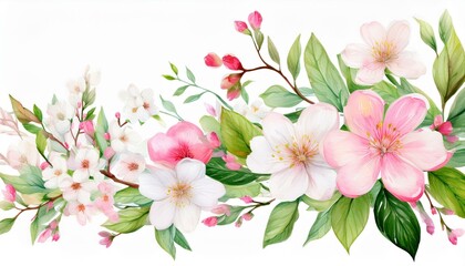 Obraz premium delicate spring background with white and pink flowers and delicate green leaves on branches colorful watercolor isolated illustration for your design greeting or invitation cards banner or cover