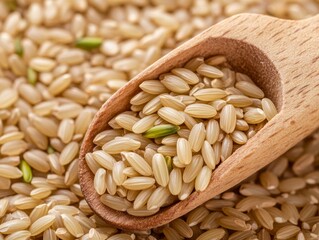 A wooden scoop of brown rice grains. Featuring the texture and natural color of the rice. Emphasizing whole grains and healthy eating. Ideal for health food blogs and organic product advertisements.