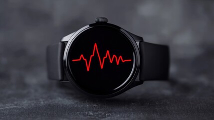 Vibrant Smartwatch Display with ECG Heart Rate Graph Glowing in Real-Time on Black Background for Fitness Tracking