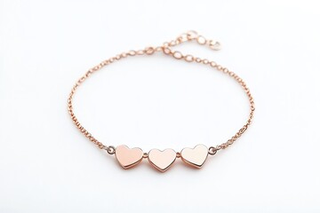 Delicate rose gold bracelet with three heart charms on a white background
