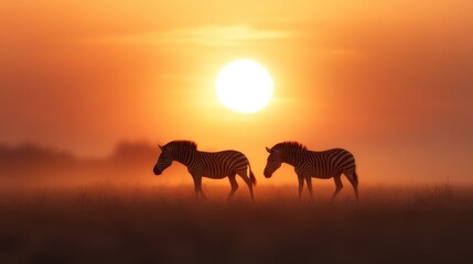 Two zebras stand silhouetted in a stunning sunset, embodying the beauty of nature and the tranquility of wildlife in a golden, misty landscape.