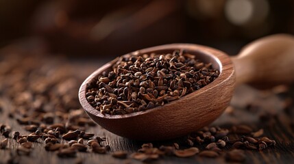 A wooden spoon holds an abundance of dark seeds, surrounded by scattered seeds on a rustic surface, evoking a warm, organic kitchen atmosphere.