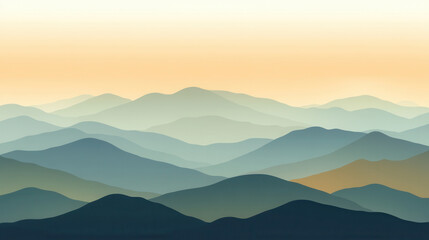 Serene landscape featuring layered mountains in warm and cool tones, evoking tranquility and peace