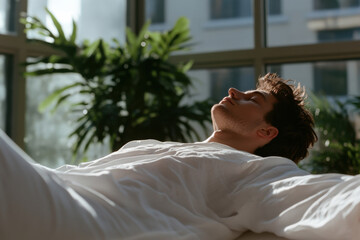A young man lies peacefully, absorbing sunlight in a lush indoor space filled with plants, representing relaxation, mindfulness, and the connection between nature and well-being.
