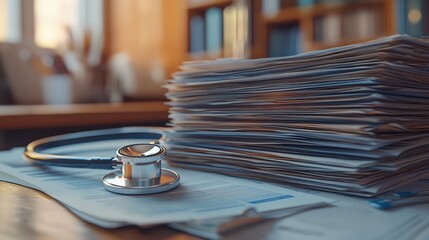 Detailed closeup of a stethoscope resting on a stack of medical documents, medical equipment and paperwork, healthcare concept, ultradetailed, 8K UHD