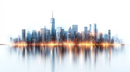 Obraz premium A stunning city skyline reflecting on the water, capturing the essence of modern architecture with a blend of lights and skyscrapers, ideal for business and travel themes.