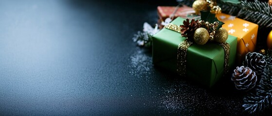 Green and Gold Wrapped Christmas Gifts on Dark Background