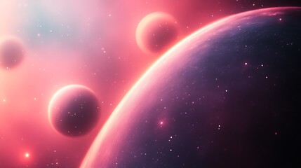 Obraz premium Pink Nebula Cosmic Landscape With Planets And Stars