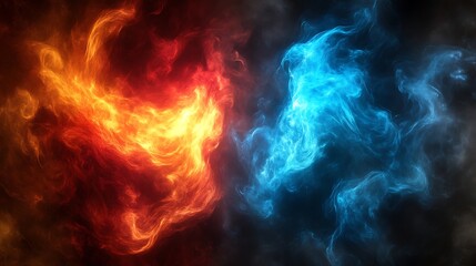 Abstract fiery and icy swirls clashing in darkness