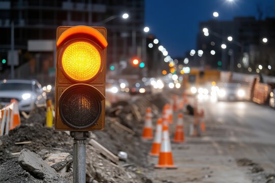 A vibrant traffic light signals caution in a busy construction zone at night, emphasizing safety and the importance of urban infrastructure in daily life.