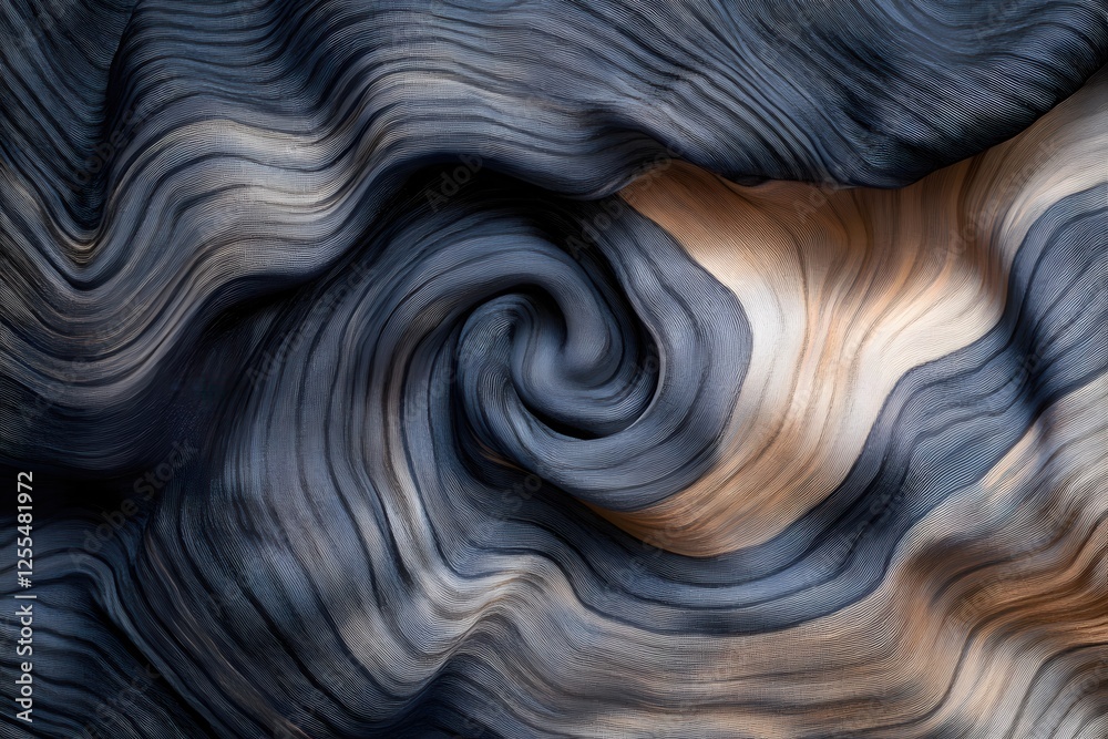 Poster abstract textile art with flowing lines in blue and beige creating a dynamic swirl pattern
