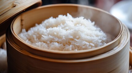Asian cuisine rice served in a bamboo steamer basket, emphasizing authentic presentation and texture. Ideal for Asian food recipes and restaurant menus.