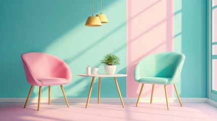 Bright and Cheerful Pastel Colored Living Room with Modern Chairs