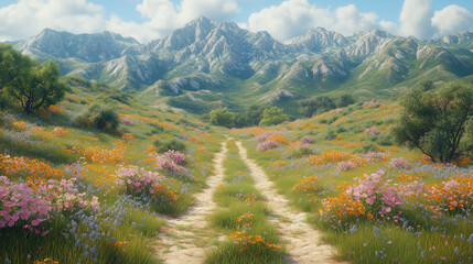 mountain landscape in summer. Lush green hills with blooming flowers. Fresh spring background for nature themes.